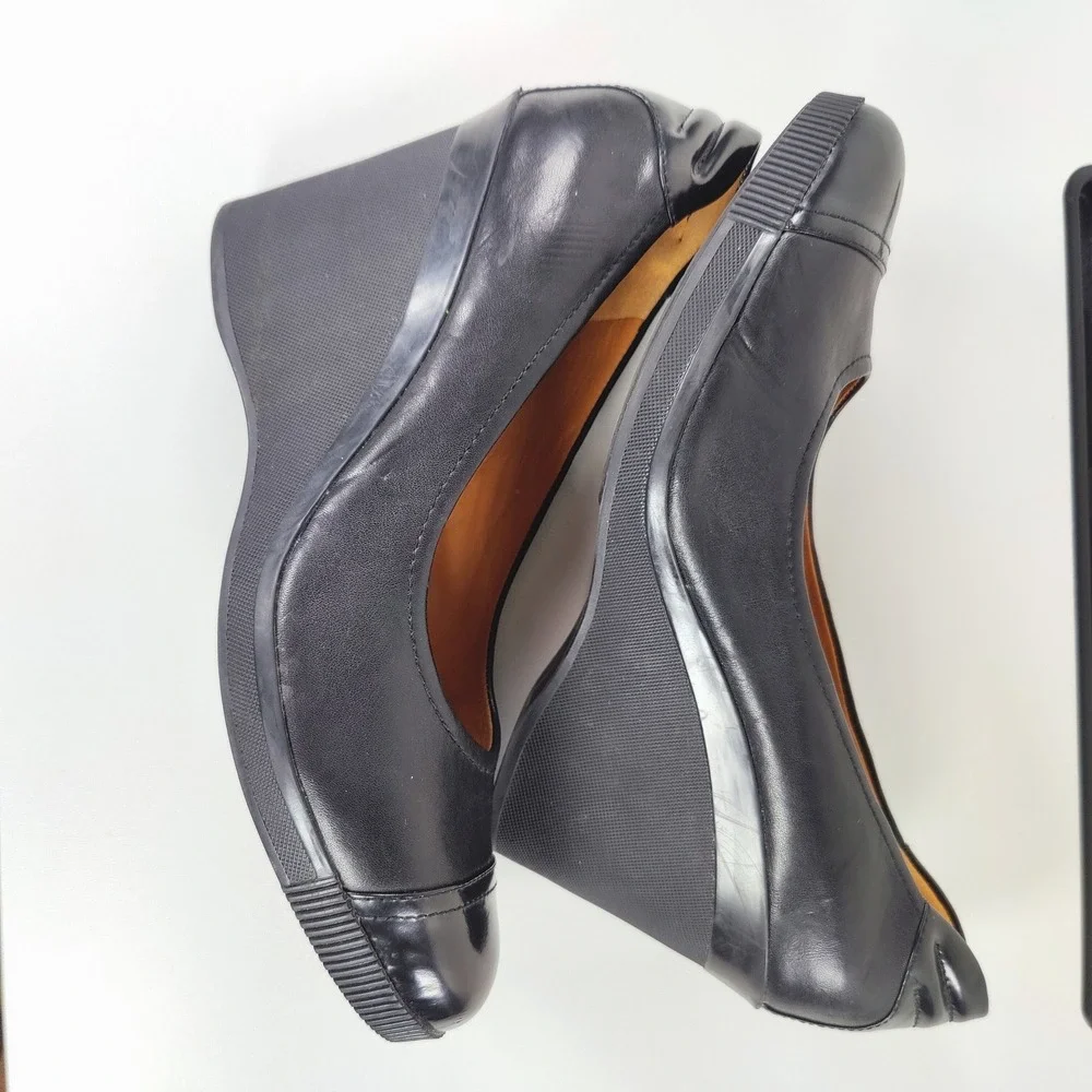 GEOX Respira Black Leather Cap Toe Wedge Pumps EU 40 D34P3D Modern Classic US 9